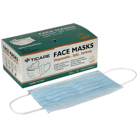 Ticare 3 PLY Disposable Face Mask with Ear Loops and Adjustable Nose Clips (Box of 50) 70-0664-50