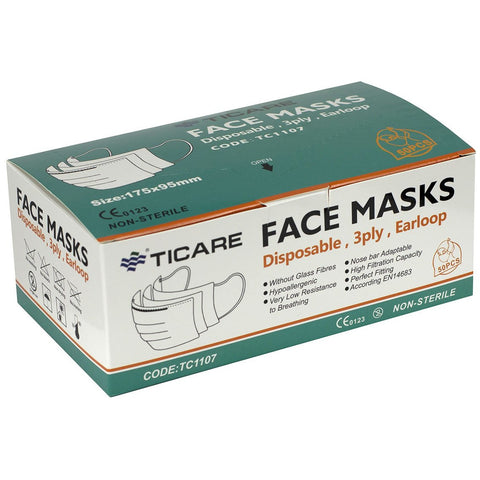 Ticare 3 PLY Disposable Face Mask with Ear Loops and Adjustable Nose Clips (Box of 50) 70-0645-50 - General Medtech